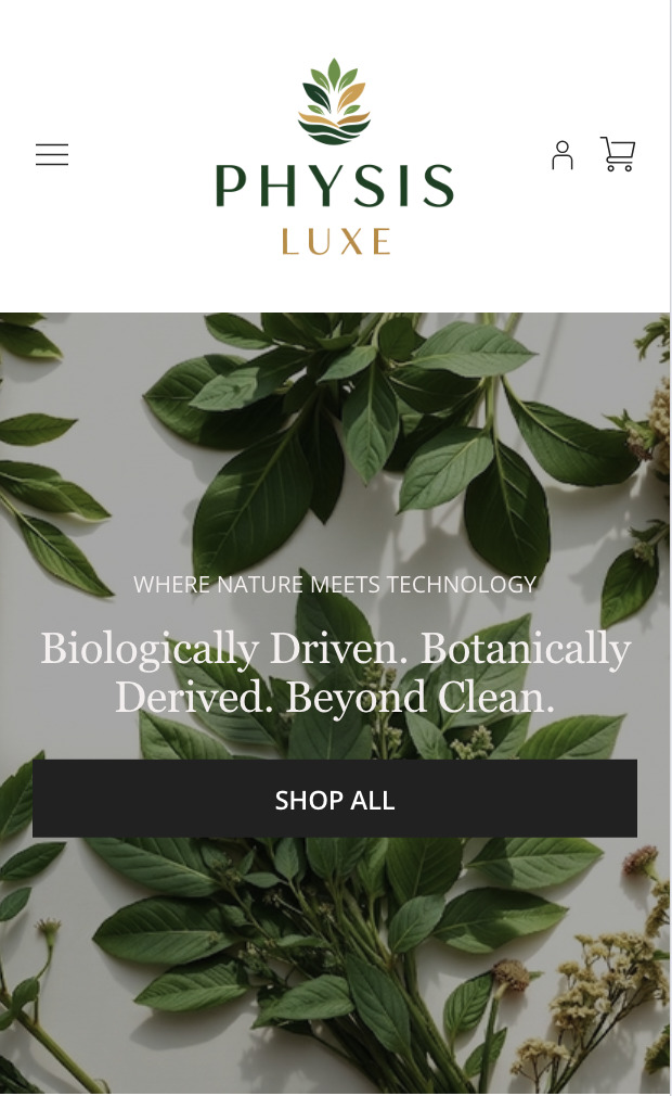 Physis Luxe mobile view showing skincare product navigation